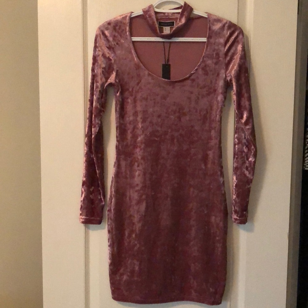 New Pink Choker Velveteen Mini Dress